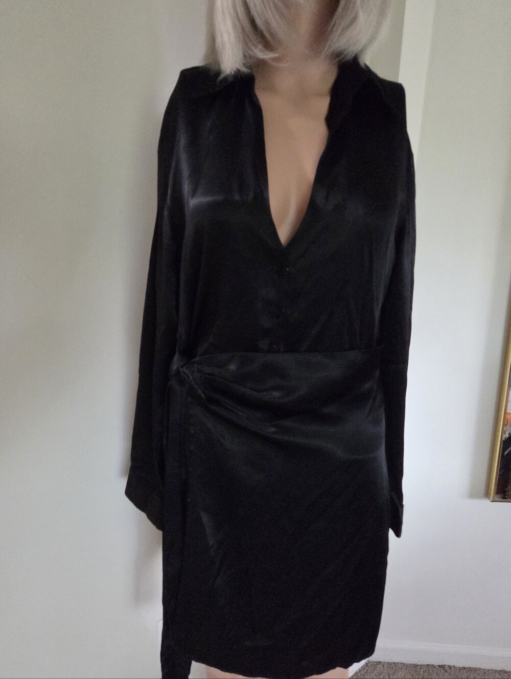 Zara Black Satin Wrap Dress Long Sleeve Size Medium